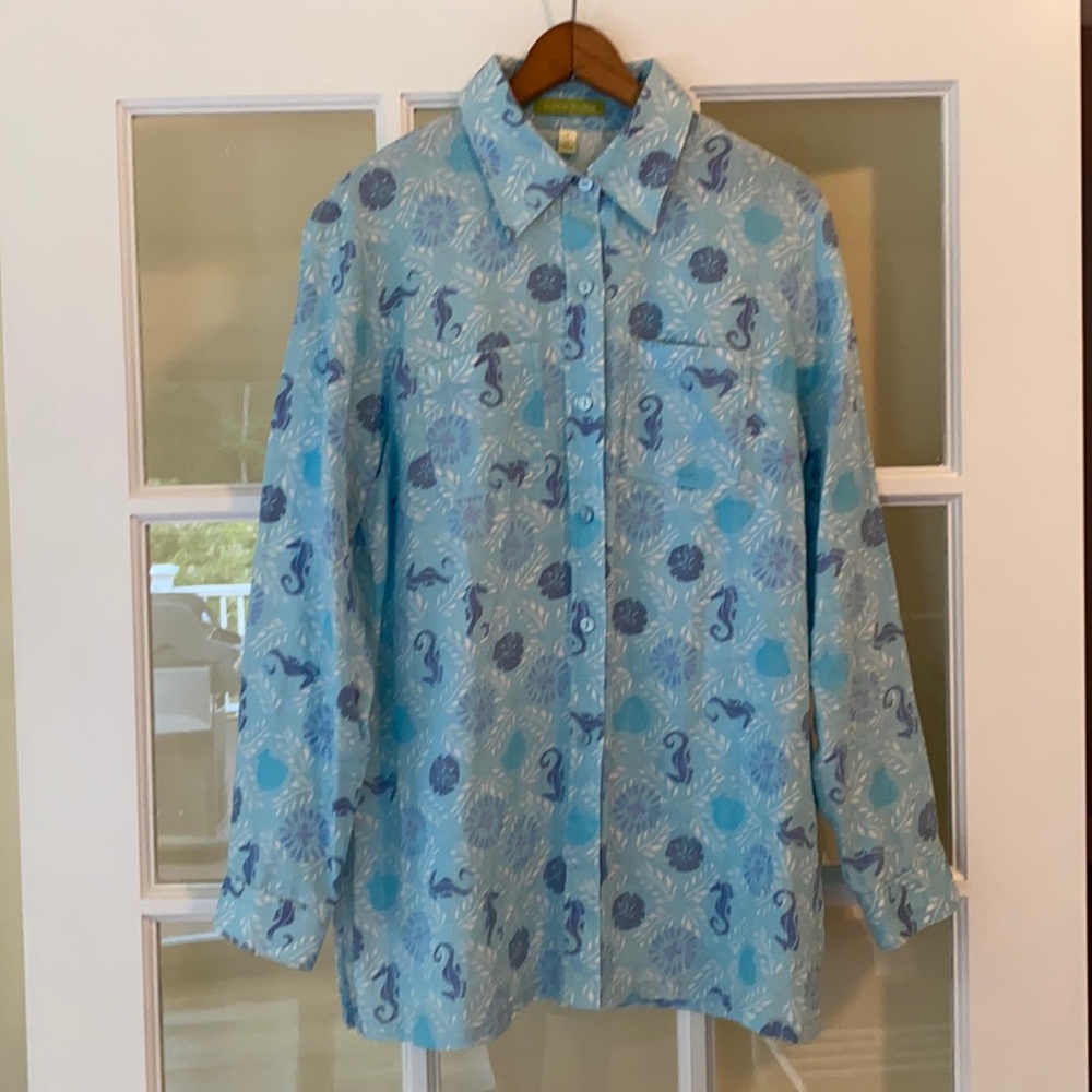 Sigrid Olsen Linen Button Down Sea Horse Top